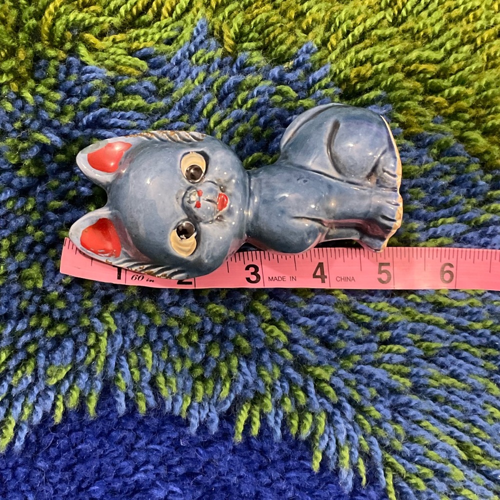 VTG Small Blue Cat Ceramic Figurine Japan Pointed Ears Mid Century - Picture 5 of 7